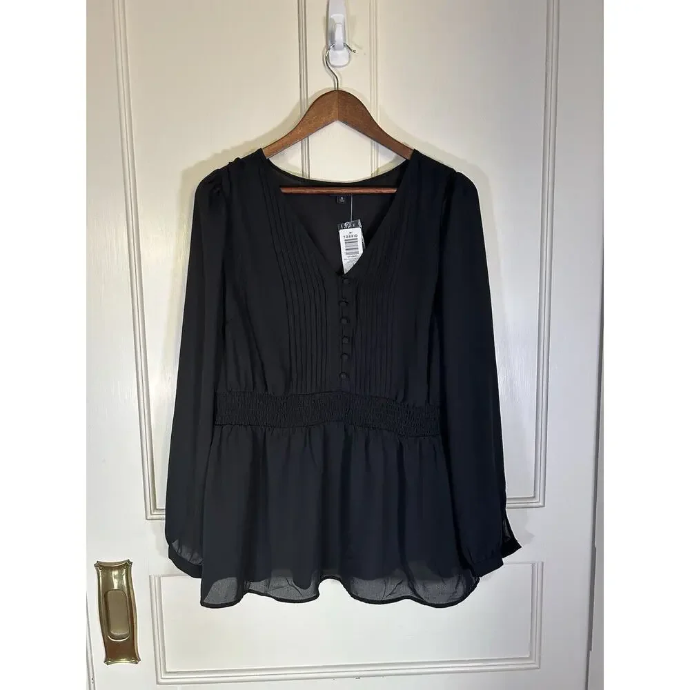 Torrid Babydoll Long Sleeve Blouse Womens Size 12 Black Boho Peasant NWT - Picture 3 of 12